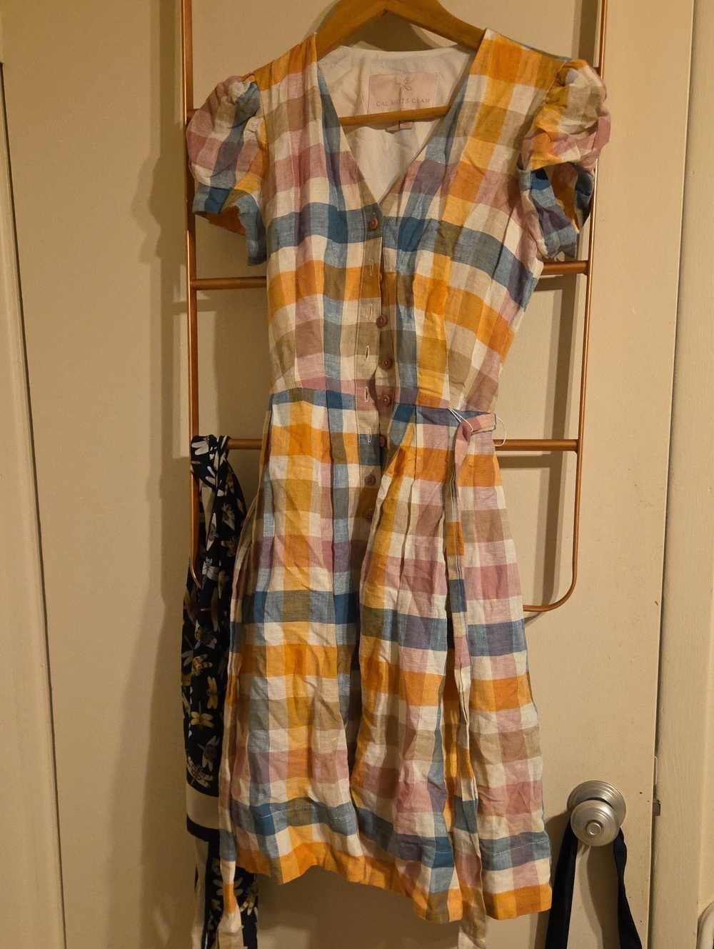 Gal Meets Glam Plaid Button-Front Puff Sleeve Dress in Yellow & Multi